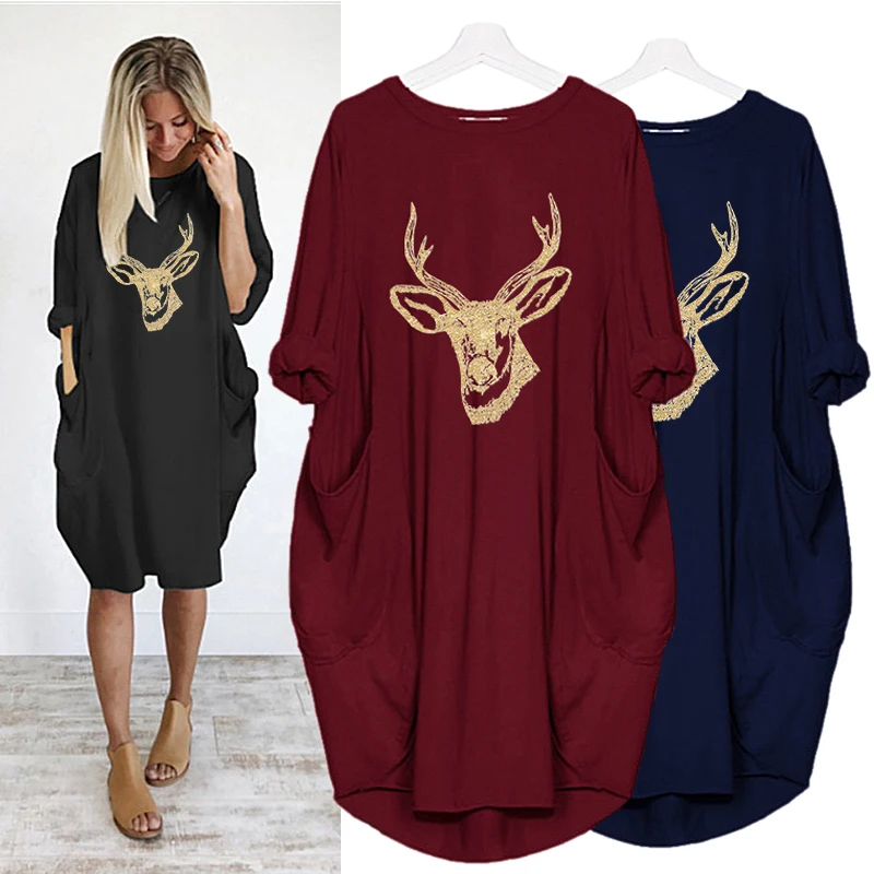 

Navidad Dress Elk Print Long Sleeve Loose Vintage Party Plus Size Sukienka with Pocket