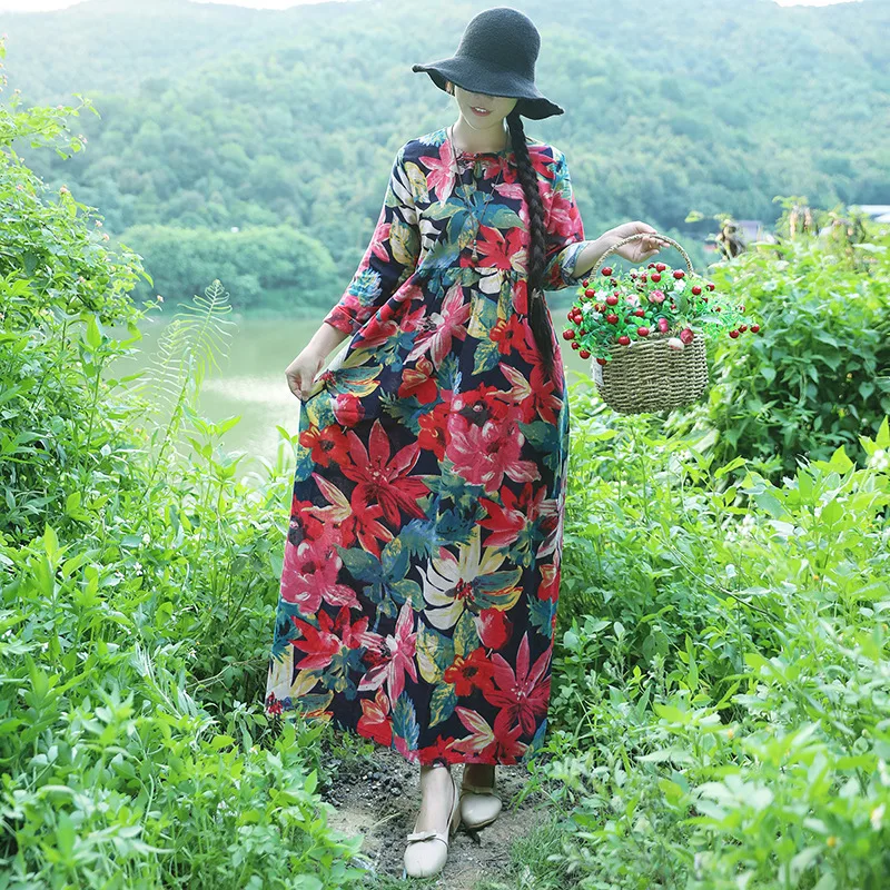 

2019 Spring New Style Ethnic-Style Large Size Dress Retro Loose-Fit Long Sleeve Cotton Linen Printed Big Hemline Dress Women's