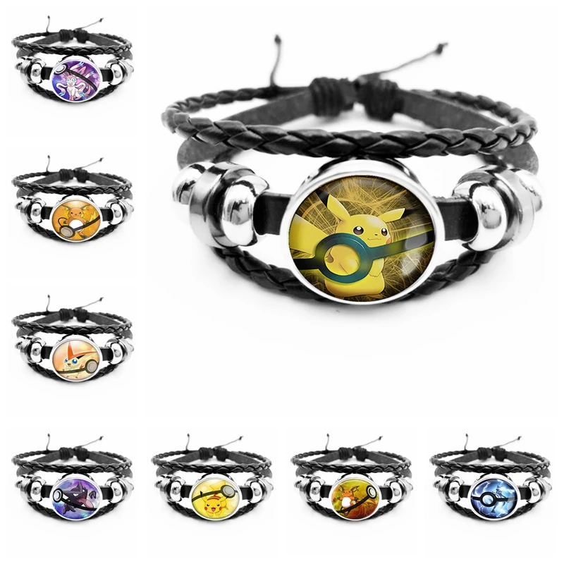 

2020 New Pokemon Pikachu Monkey Glass Convex Round Snap Black Handmade Bracelet Personalized Bracelet Jewelry