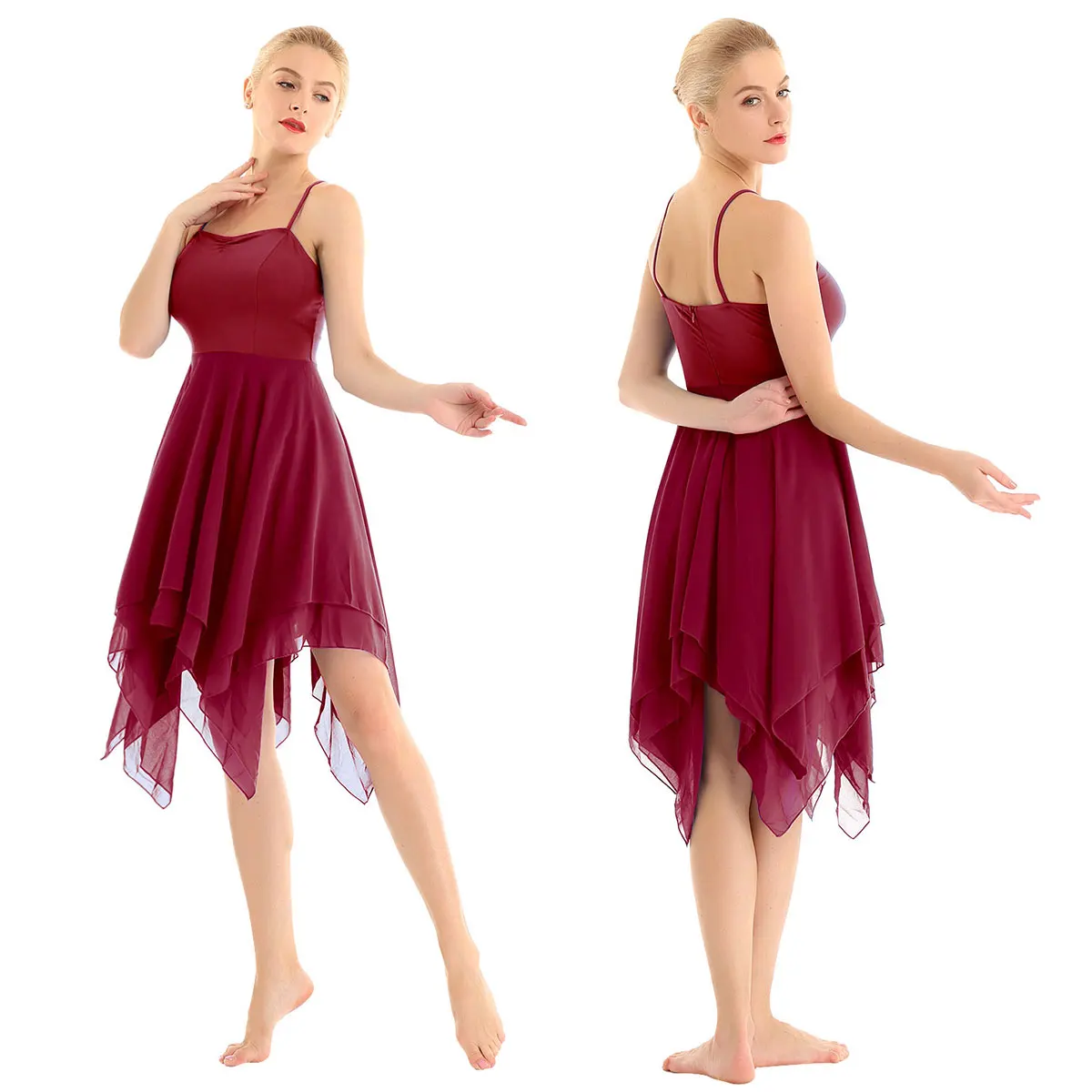 Wine Red ChicTry для женщин Спагетти ремни Асимметричный шифон сплошной цвет Бальные латинские балетные платья Современный Производительность танцевальная одежда костюм - Цвет: Wine Red