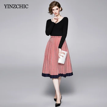 

Spring New Woman 2pcs Elegant Suit Ladies Knit Top Pleated Skirt Sets Female Casual Slim Fashion Set Suits Woman