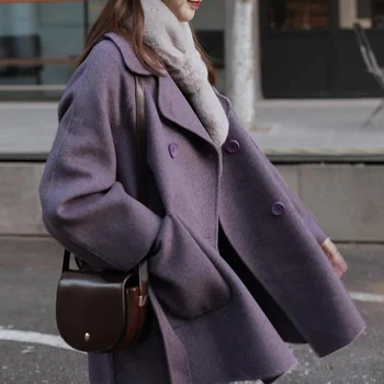 Women Wool Blends Sweet Elegant Purple Coats All match Keep Warm Sashes Turn down Collar