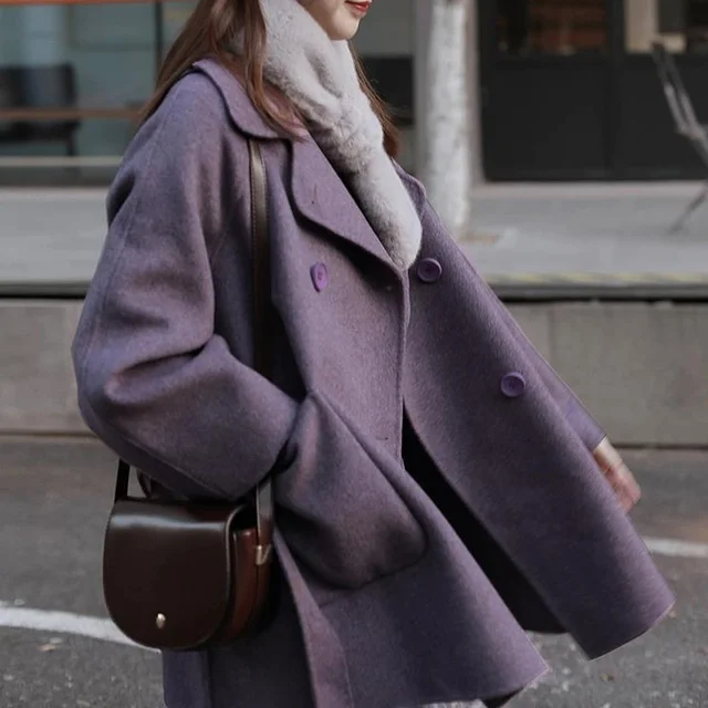 Women Wool Blends Sweet Elegant Purple Coats All match Keep Warm Sashes Turn down Collar Double