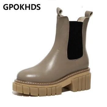 

GPOKHDS 2021 women ankle boots soft Cow leather winter short plush slip on platform round toe high heels female Chelsea boots