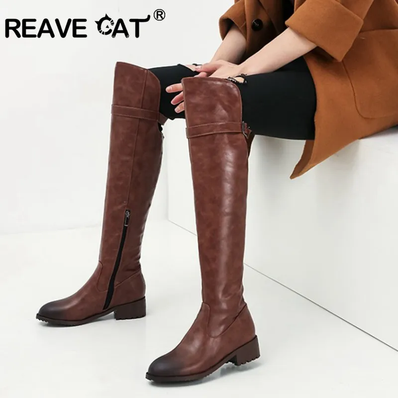 

REAVE CAT 2020 Women Over The Knee High Boots Square High Heel Women Shoes Platform Winter leather shoes Women Boots big Size 46