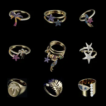 

Top Quality Fashion 18k Gold Plated Pave Fancy Zircon Tree Bird Star Series Silver Ring Fine Finger Knuckle Circle For Women