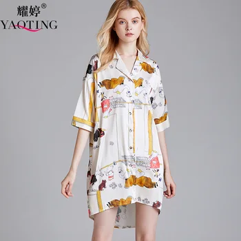 

YAO TING White Cute women nightwear Satin Silk Ladies Soft night dress Cartoon pattern Button sleepwear Spring summer camisola