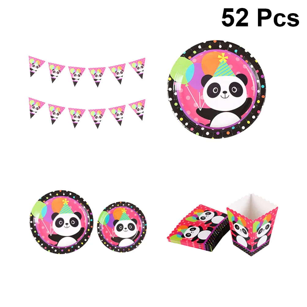 

52pcs Cute Panda Disposable Party Tableware Set Kids Birthday Pennant Paper Cup Plates Set Pop Corn Popcorn Box Party Supplies