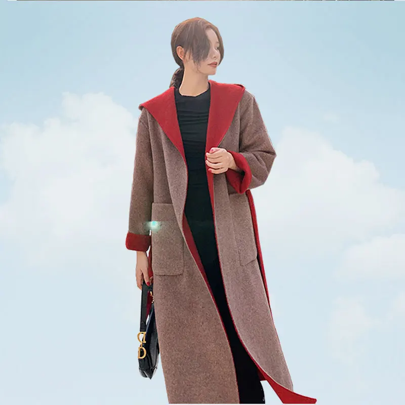 Женские зимние двухсторонние кашемировые пальто Корейская куртка средней длины с капюшоном и кружевом модное приталенное плотное пальто для женщин SS707