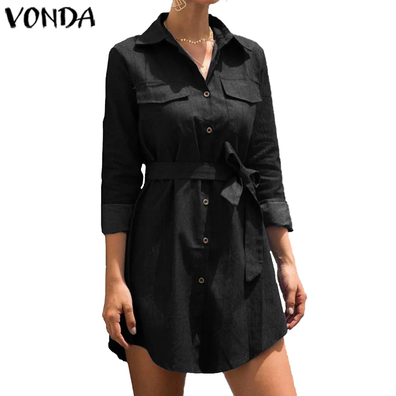 Черный VONDA платье-рубашка для беременных, женское осенне-весеннее сексуальное мини-платье с отложным воротником и длинным рукавом, богемное платье для беременных - Цвет: Черный