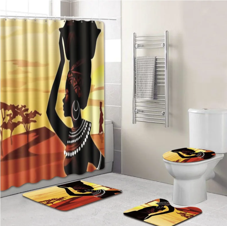 4 шт. африканская американская Женская занавеска для душа с набор ковриков для ванной комнаты Набор ковриков для унитаза набор ковриков для ванной Аксессуары для ванной набор занавесок