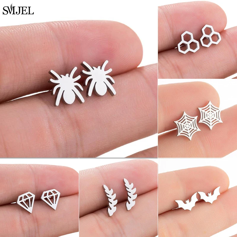 Vintage Fashion Spider Stainless Steel Earrings Geometric Leaves Bat Web Honeycomb Shape Stud Women Jewelry | Украшения и