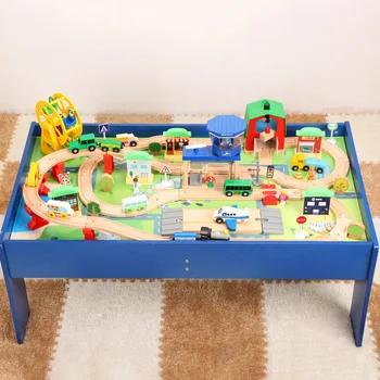 

Gift Wooden Railway Table hospital bus airport Station orbit game table set toys Children educational Train Korean Track toys