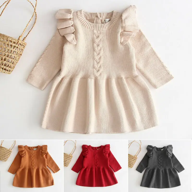 Осенне-зимняя детская одежда для маленьких девочек платье принцессы с оборками вязаное платье-пачка
