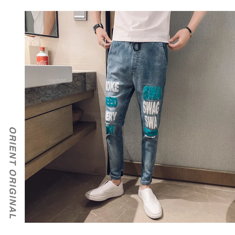 New Arrival Hot Sale Brand autumn men's casual high quality printed trouser male slim korea style fit nine-tenth pants jean