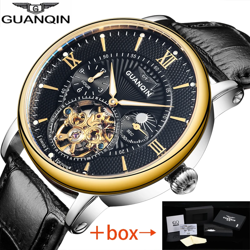 GUANQIN Мужские механические часы automatic Tourbillon Relogio Masculino золотистый верх брендовые роскошные кожаные Наручные часы со скелетом 16036