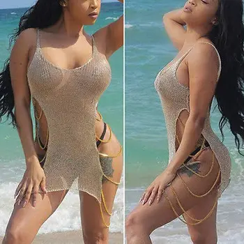 

Women Crochet Knitting Beach Mini Dress Bikini Cover Ups Swimwear Summer Low Cut Split Swimsuit Swimming Costume