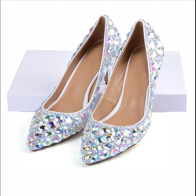 Handmade Kitten Heel Silver AB Crystal Wedding High Heels 6cm Comfortable Cinderella Prom Pumps Pointed Toes Bride Shoes