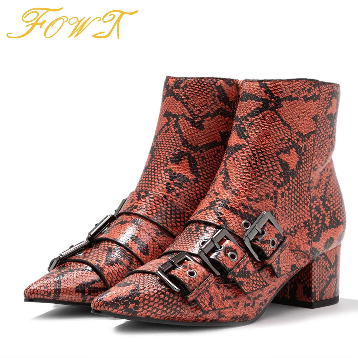 

Three Buckles Snackskin Women Ankle Boots High Chunky Heels Pointed Toe Winter Booties Ladies Mature Office Zipper Shoes FOWT