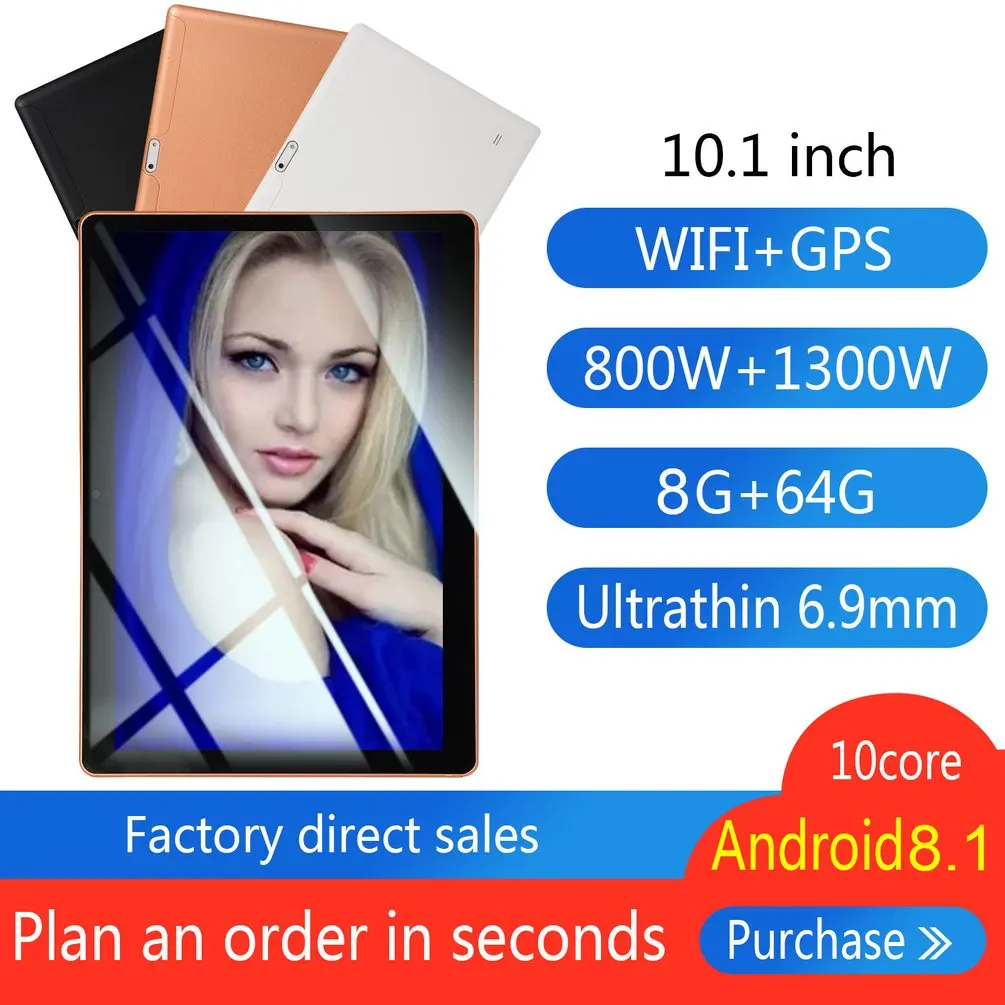 

KT107 Plastic Tablet 10.1 Inch HD Large Screen Android 8.10 Version Fashion Portable Tablet 8G+64G Black Tablet Black EU Plug