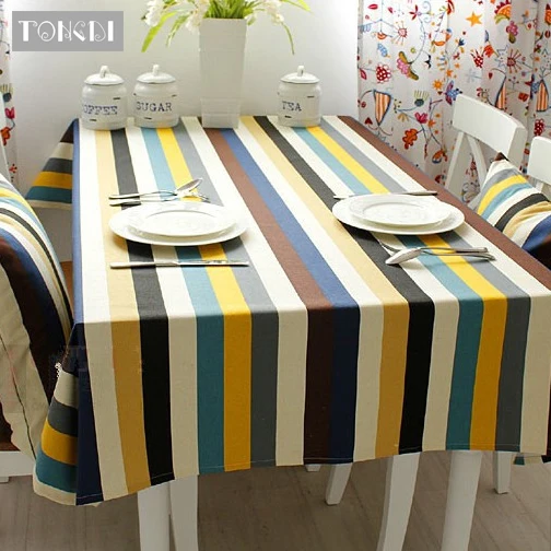 

TONGDI Tablecloth Mediterranean Style Canvas Decorative Waterproof Oilproof Dining Wedding Camping Rectangle Stripe Rainbow
