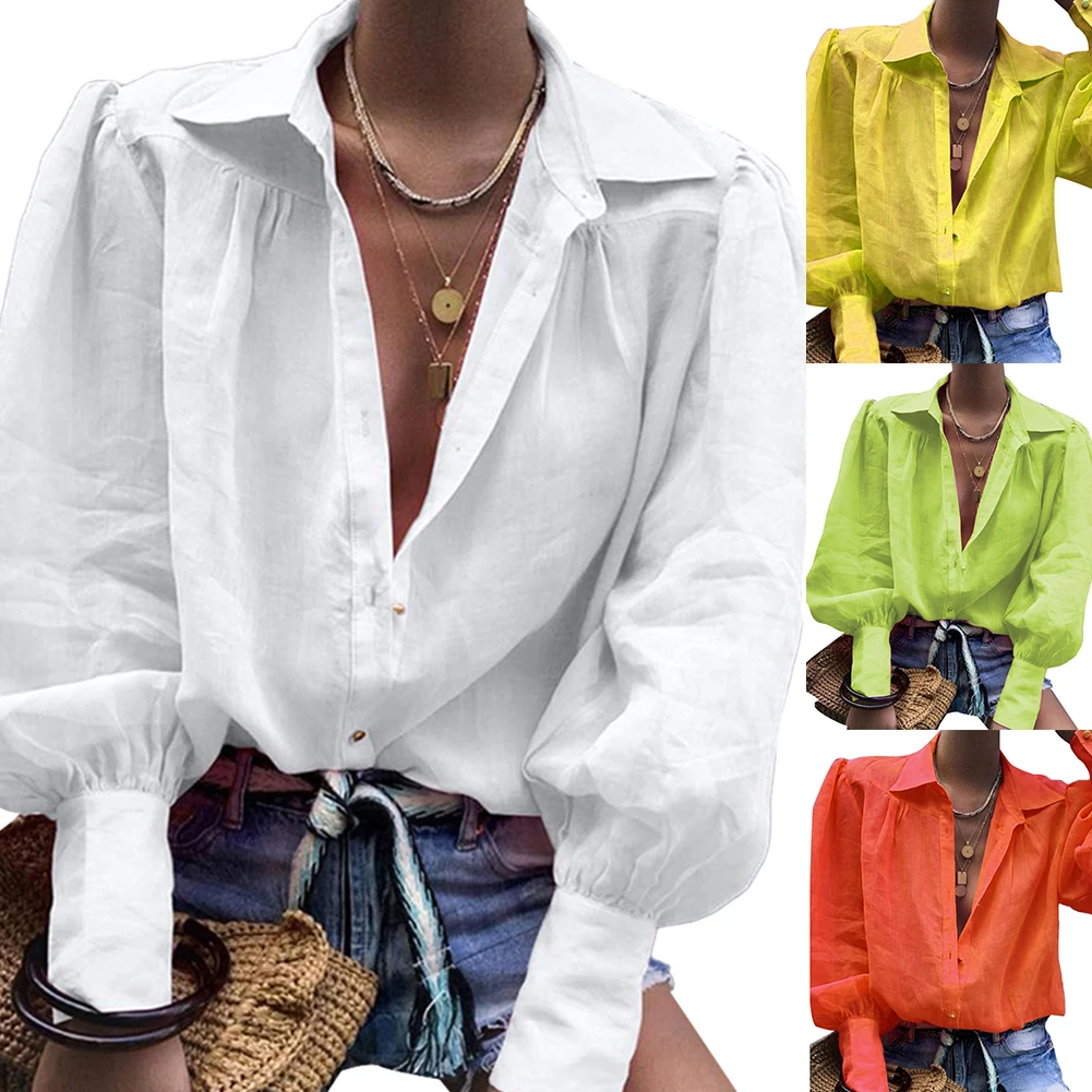 Fashion Office Lady Solid Color Turn Down Collar V Neck Long Sleeve Shirt Blouse