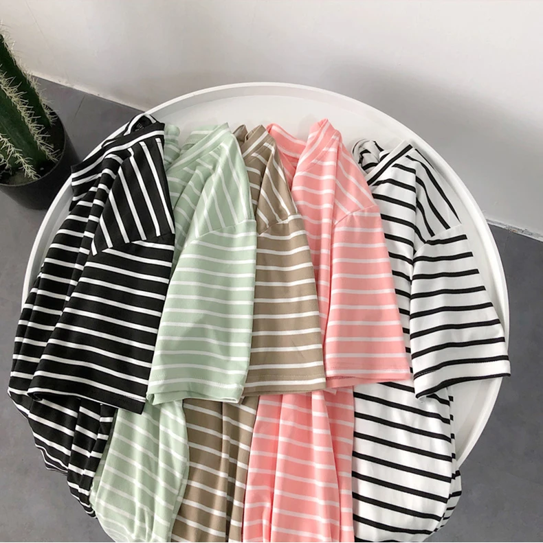 T Shirt Women Solid Color Striped Punk T-shirt O-Neck Casual Harajuku Short Sleeve Korean Fashion Shirt Camiseta Feminina Top