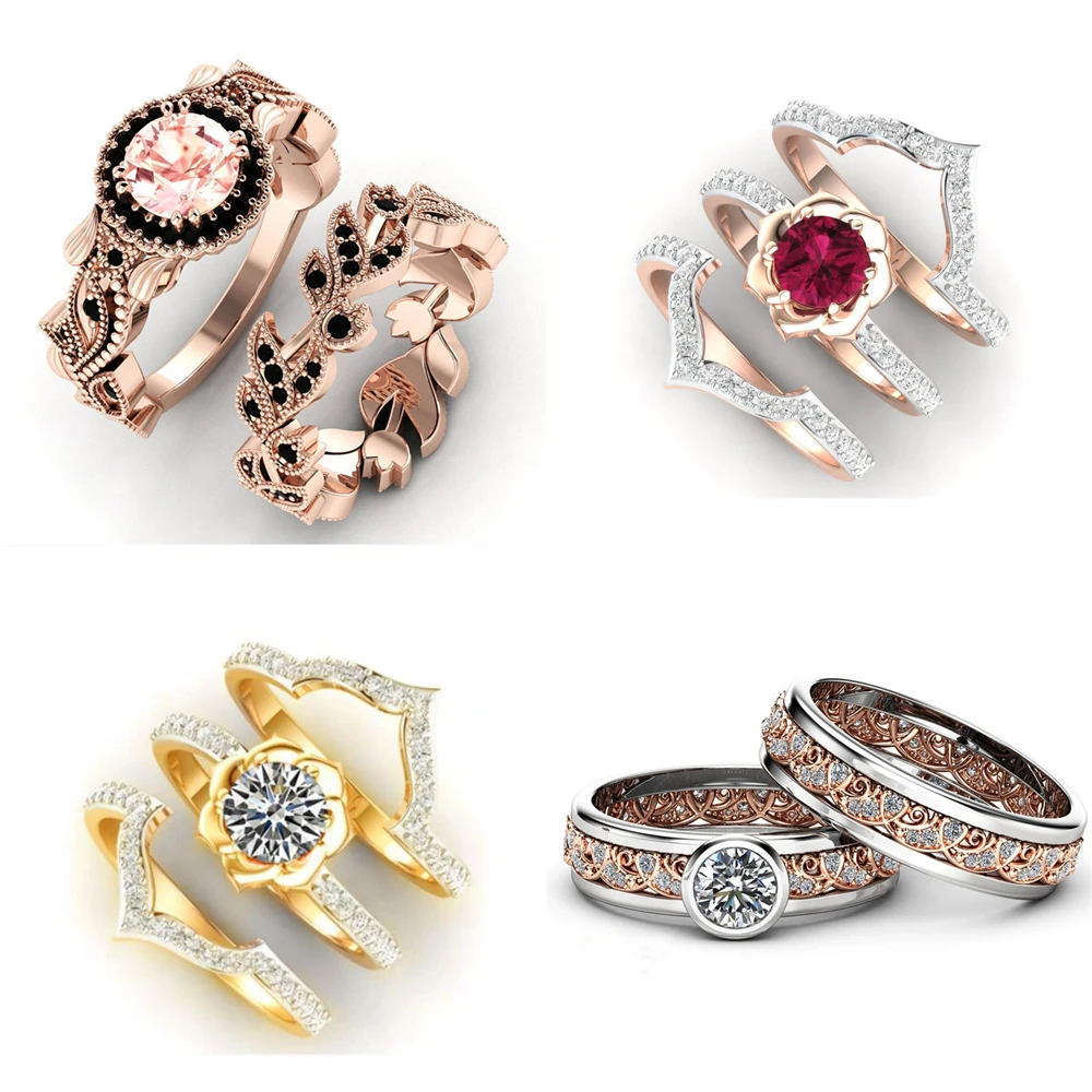 Fashion Design Wedding Rings Set Exquisite Rose Gold Flower Leaves Ring Black Zircon Engagement Valentines Gifts | Украшения и