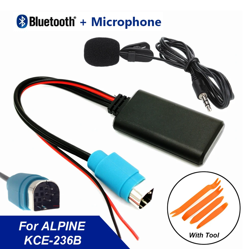 Bluetooth Wireless Module Tool & Microphone for Alpine Radio Aux Cable Adapter KCE-236B CDE9885 9887 9870 9872 to Smartphone Audio Input