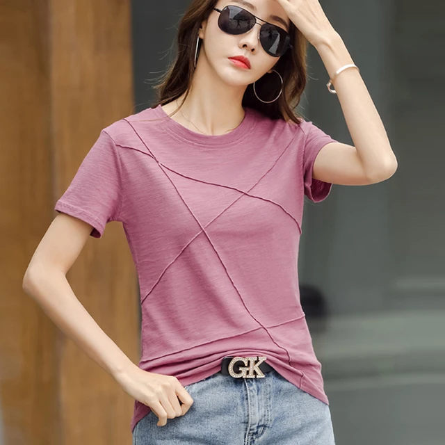 Summer Slim Cotton Bamboo T-Shirts Women 2024 O-Neck Short Sleeve Ribbed Tshirts Female Casual Solid Color Tops 2