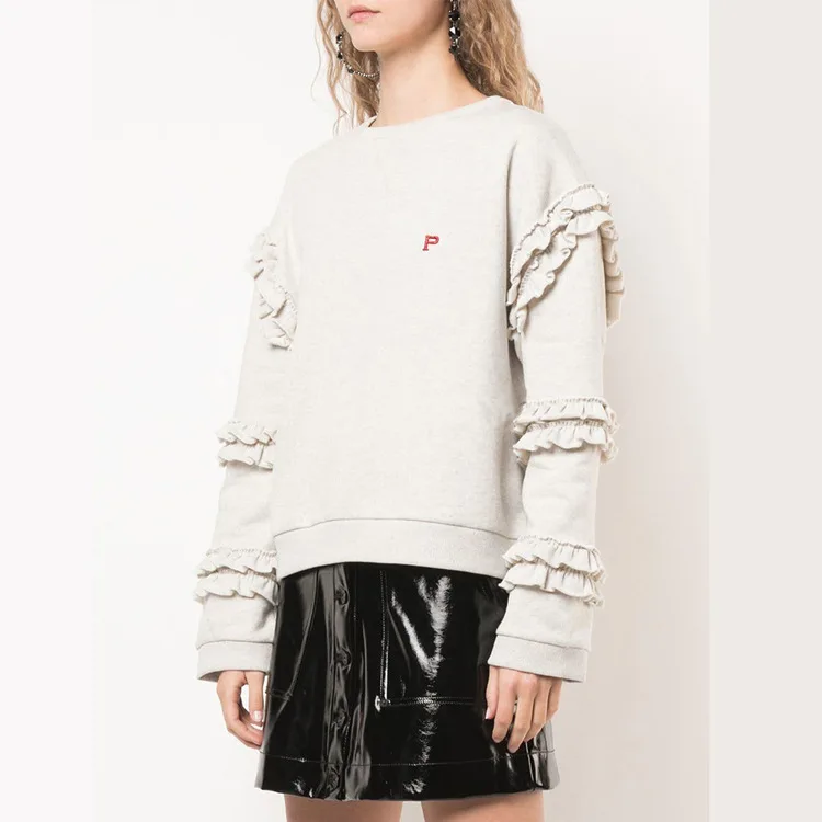

Private Garment Lace with Velvet sweatshirt Flower Fold Sleeve Wooden Ear Embroidery 2019 Pullovers O-Neck sweatshirt women
