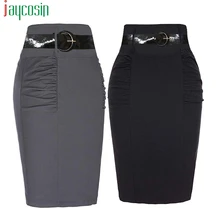 Винтажная тянущаяся Женская юбка, Женская одноцветная свободная модная женская юбка с поясом, повседневная женская юбка размера плюс, тянущаяся юбка-карандаш