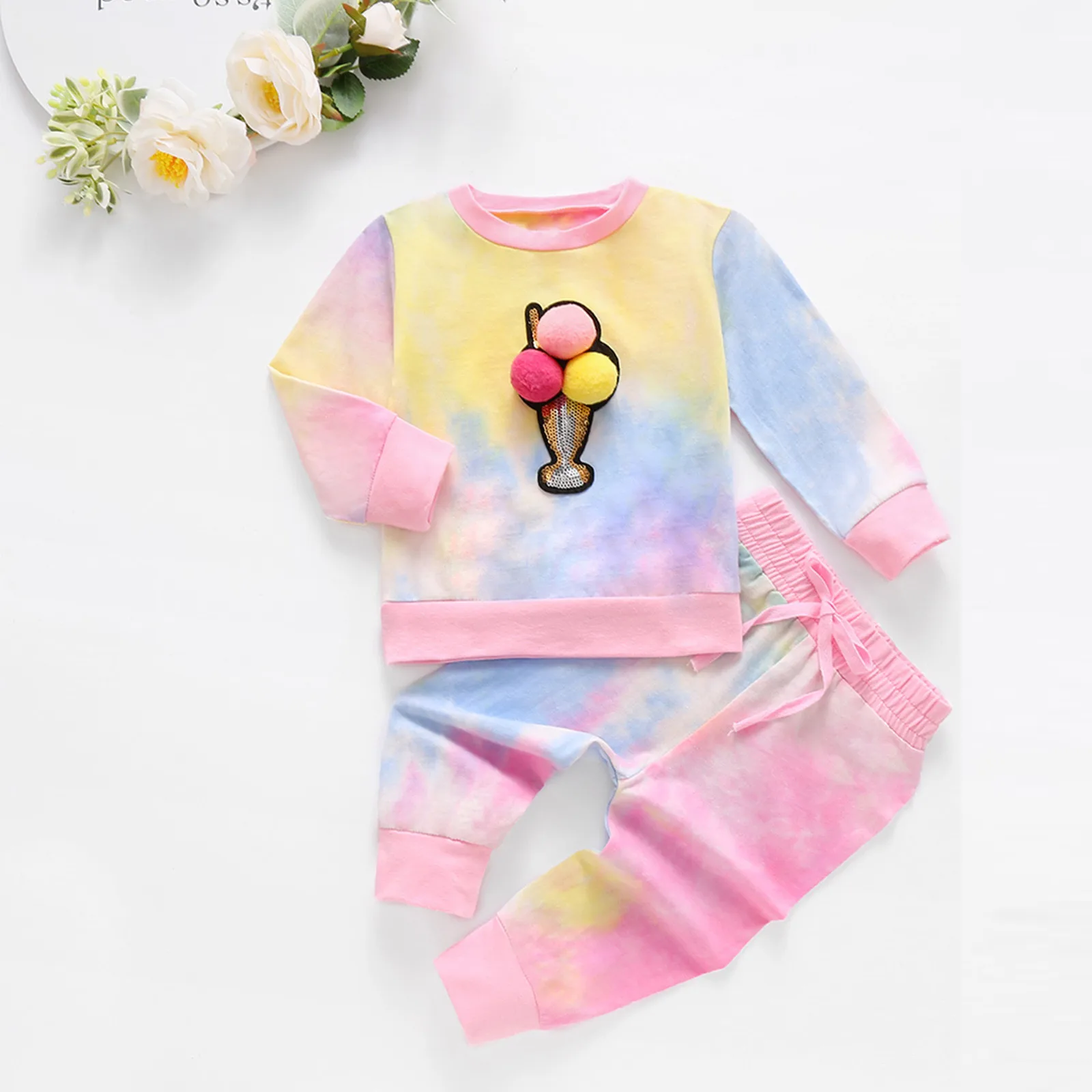 

6Months-5Years Ice cream ball printing Toddler Kids Girls Rainbow Tie-Dyed Tops+Pants Pajamas Sleepwear Outfits casual outfit M5