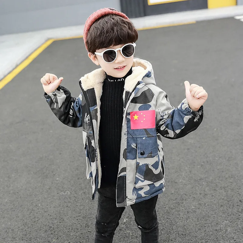 

Toddler Boys Camouflage Parkas Winter Children's Zipper Casual Thicken Velvet Jackets Fashion Long Sleeve Warm Hooded Kids Coats