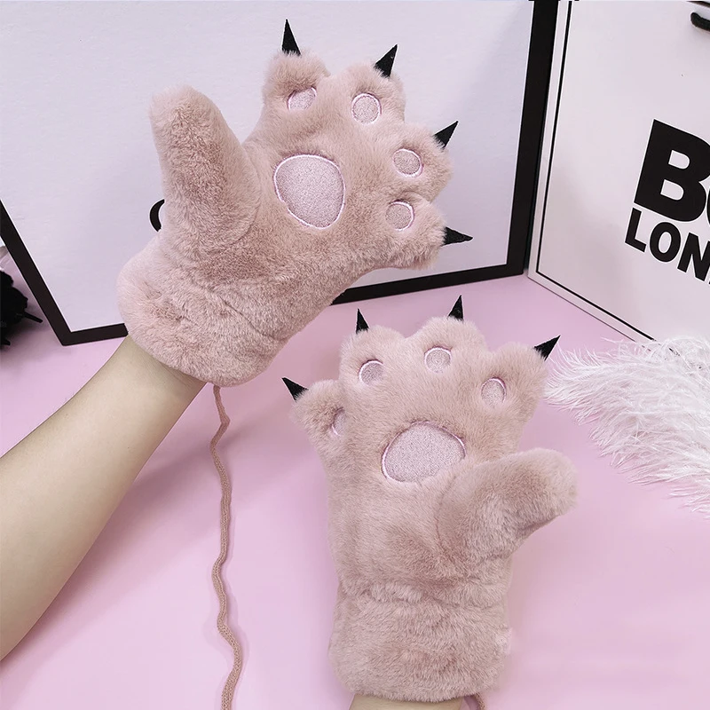 Winter Cat Claw Design Women's Cosplay Gloves Warmth Lolita Girlish Accessories Thick Fuzzy Hanging Thread Cartoon Cute Gloves winter kawaii thick striped cartoon women fuzzy fluffy terry warm cute socks 3d ear embroidery cat claw coral fleece animal sock