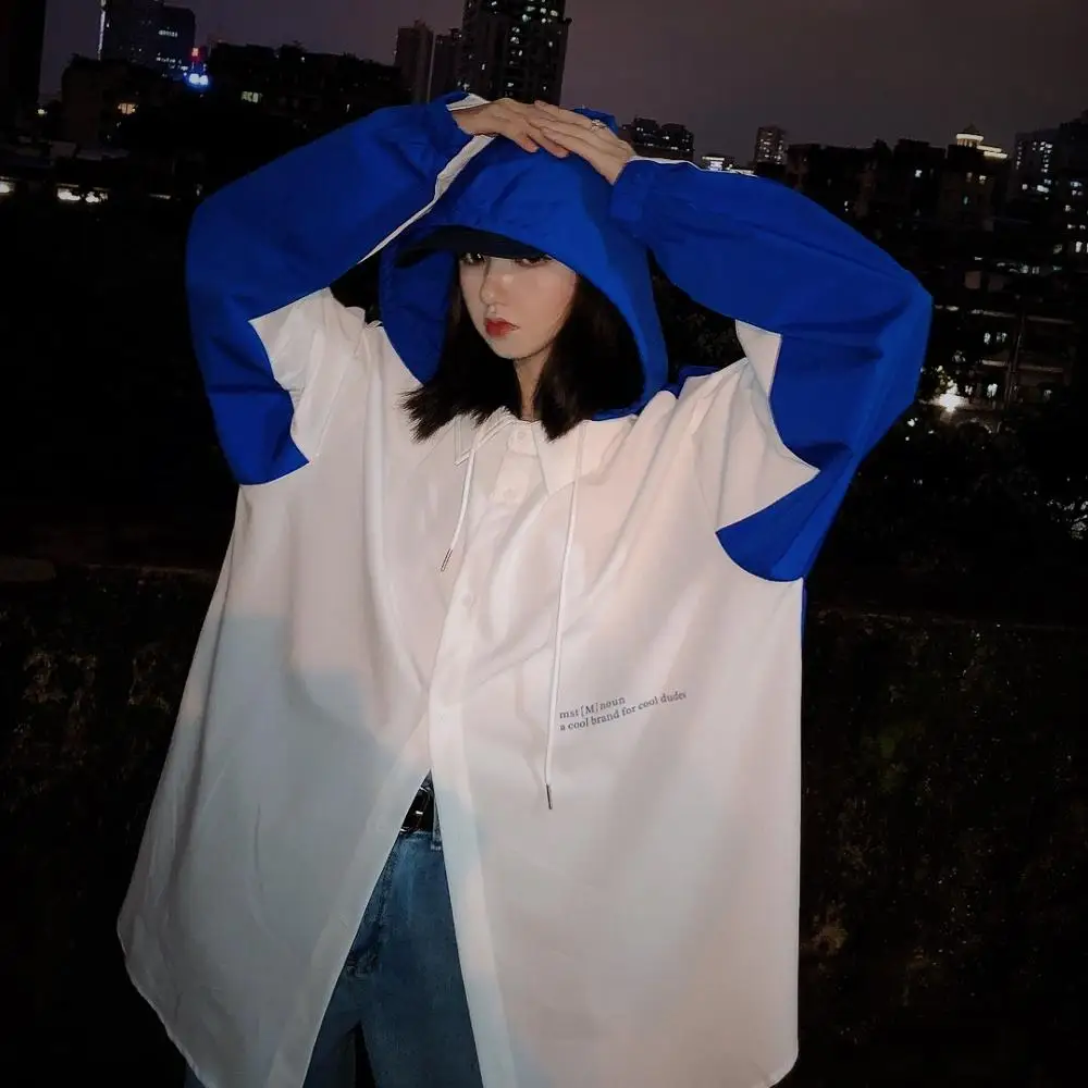 

Jasmine women's long sleeve shirt men's Korean version trend autumn loose BF blouse collision color shirts thin couple clothes
