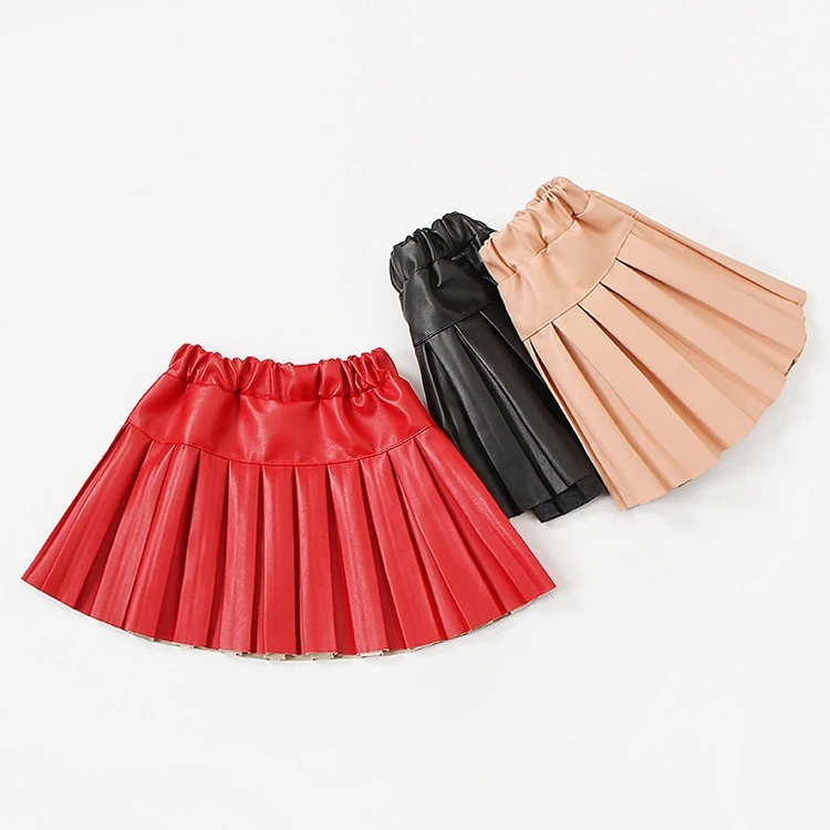 weLaken 3-10Y Kids Skirt for Girls Pleated Skirt Girl Solid PU Leather Skirts Christmas Tutu Children Clothing Kids Fall Outfits