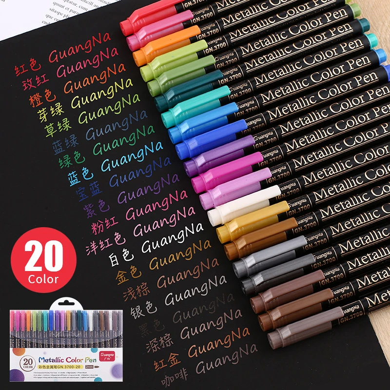 12/20 Colors Metallic Brush Marker Pen Set 2mm Water Based for Black Brown Card Wood Ceramic Glass Drawing pens School Supplies |