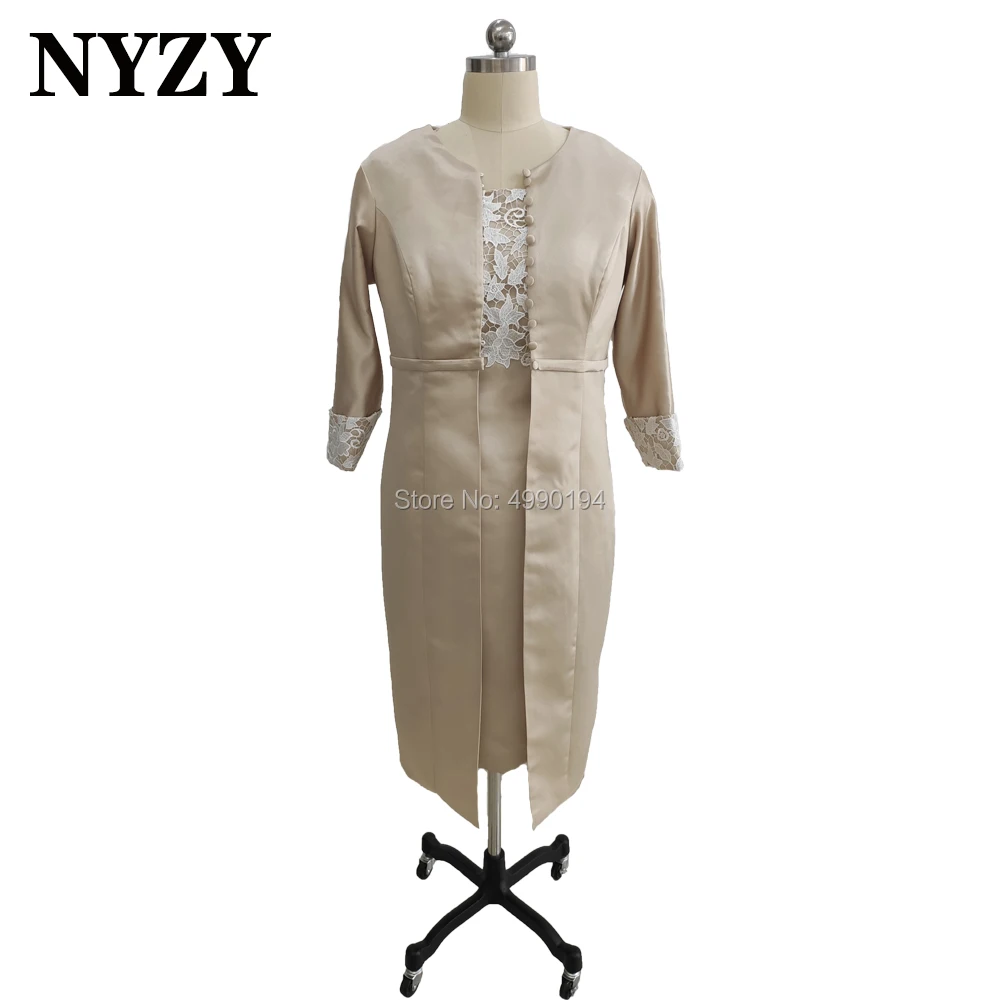 

Elegant Satin 2 Piece Champagne Mother of the Bride Dresses with Coat Jacket NYZY M286 Wedding Party Guest Wear Evening Gown