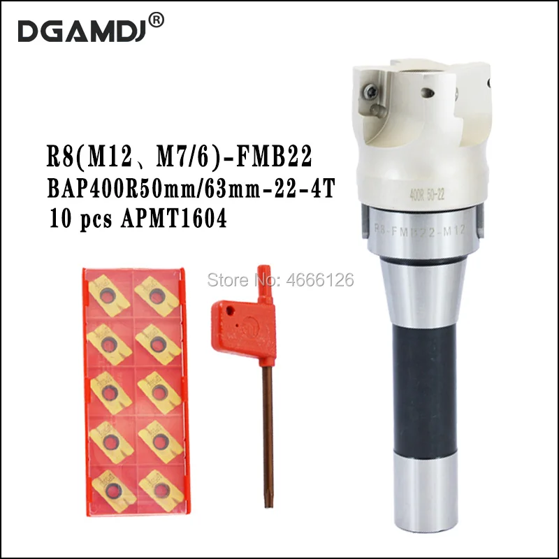 

1set R8 FMB22 M12 M7/16 tool holder BAP400R50/63-22-4T end mill head 10pcs APMT1604 inserts for R8 machine tool spindle milling