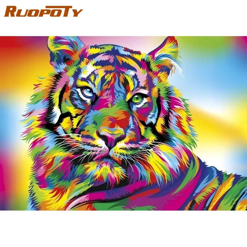 

RUOPOTY картина по номерам Цвет Тигр фото рисунок на холсте акриловыми красками животных Цвет ing по номерам домашний декор