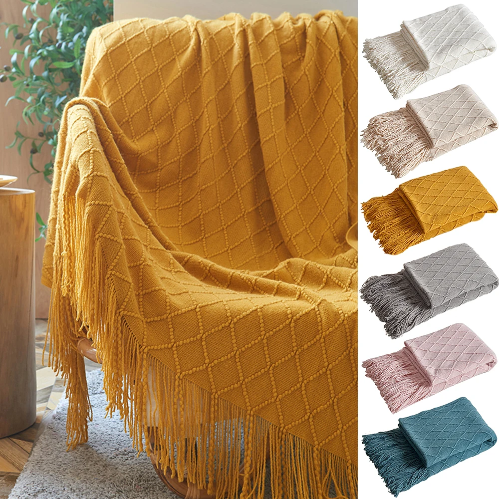 

Tassels Knitted Throw Thread Blanket Solid Color Bed Sofa Cover Bedspread Home Decor Plaid Nap Blankets Soft Towel 125x170cm