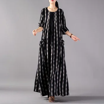 

[EWQ] 2019 New Summer Spring Fasjion Round Collar Long Sleeve Hit Color Plaid Split Joint Loose Big Size Long Dress Women JH266