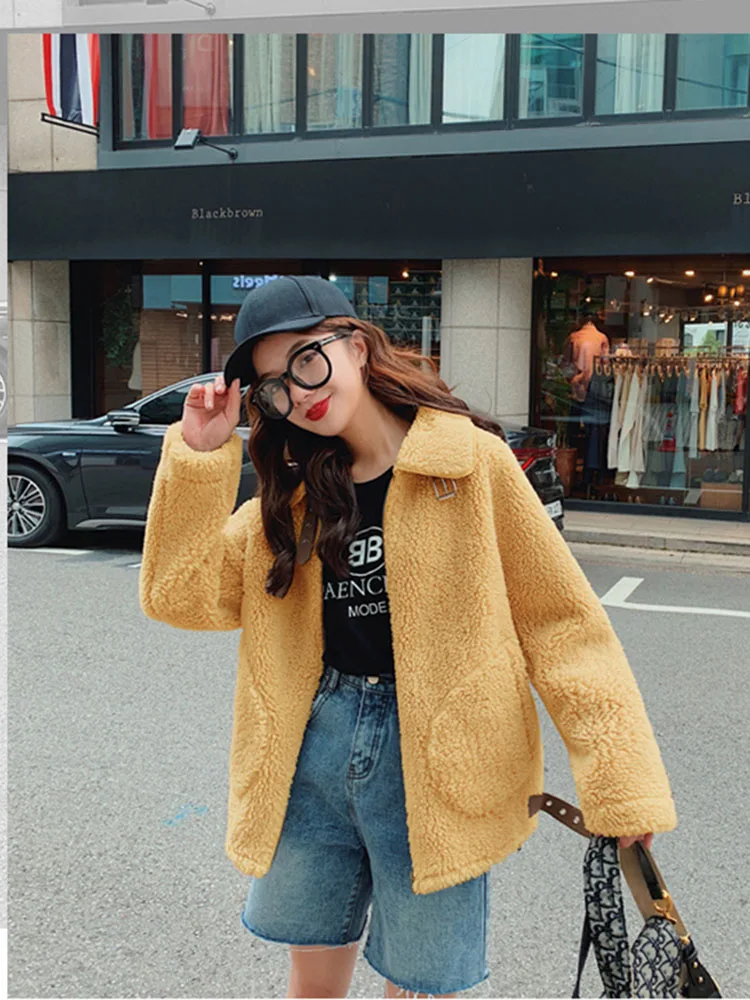 Yellow Iambswool пальто из искусственного меха крутая уличная одежда верхняя одежда куртки зима весна теплая Высокое качество Русский стиль Iapel Instagram Мода - Цвет: Yellow