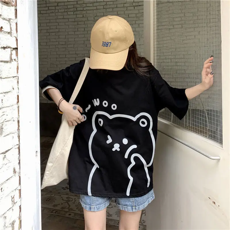 Japanese Casual Cartoon Summer Short-sleeved T-shirt Female Student Loose Soft Girl Cute College Style All-match Loose Top New winter jackets for men