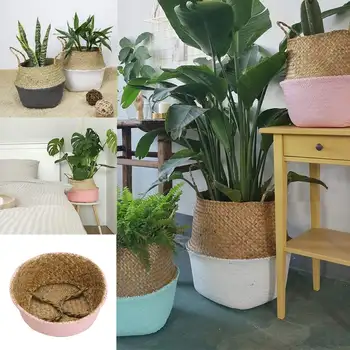 

New Foldable Natural Seagrass Storage Basket Pot Garden Flower Vase Planter Hanging Wicker Baskets Organizer Home Decoration 4 C