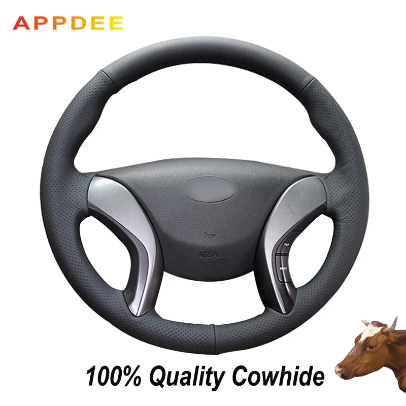 MEWANT Hand Sewing Black Artificial Leather Steering Wheel Cover Wrap for Elantra 3 Elantra Sport 2011 2012 2013 2014 2015 2016 Elantra GT 2013 2014 2015 2016 2017 Elantra Coupe 2013 2014 Avante 2011 i30 2012 2013 2014 2015 2016 2017