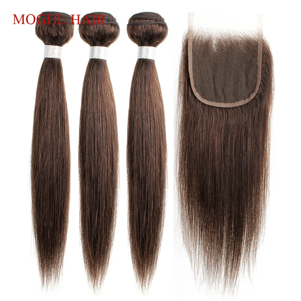 MOGUL HAIR Brazilian Hair Bundle With Closure Color 2 Dark Brown 3/4 Bundles with Closure Straight Non Remy Human Hair Extension