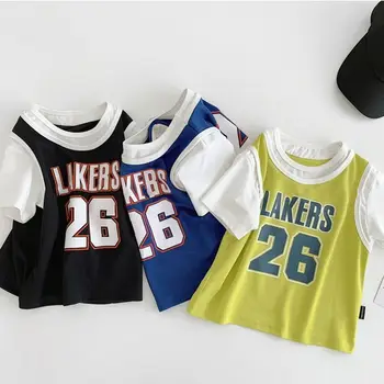 

New children's summer dress handsome boy fake two-piece basketball uniform wild baby clothes short-sleeved T-shirt