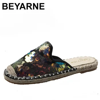 

BEYARNEFlats straw weaving hemp fisherman shoes woman sequins summer closed toe slippers Korean lace slides bling mules flipflop